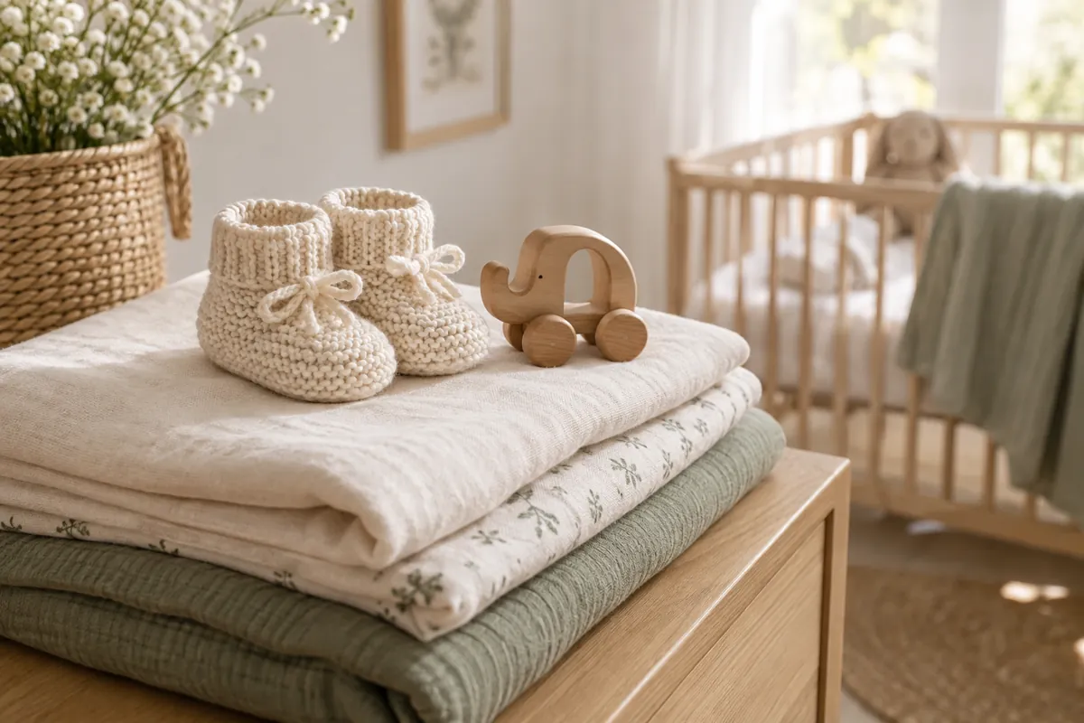 Chaussons de bébé et jouet en bois, illustration de la filiation et de l’accueil d’un enfant