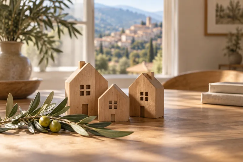 Trois maisons miniatures en bois, illustration du partage du patrimoine familial.