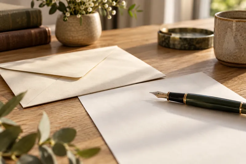 Stylo plume, feuille vierge et enveloppe sur un bureau en bois, illustration du testament.