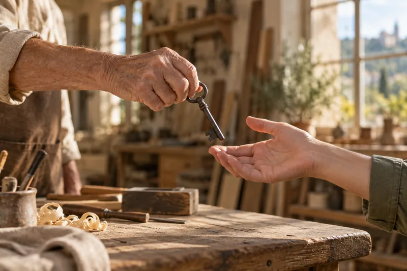 Transmission d’une clé entre deux personnes dans un atelier, illustration du passage de relais d’une entreprise.